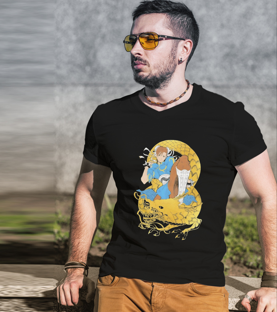 Chun Li Gold Dragon Kick Fighter Blue Outfit Gold Dragon T-Shirt