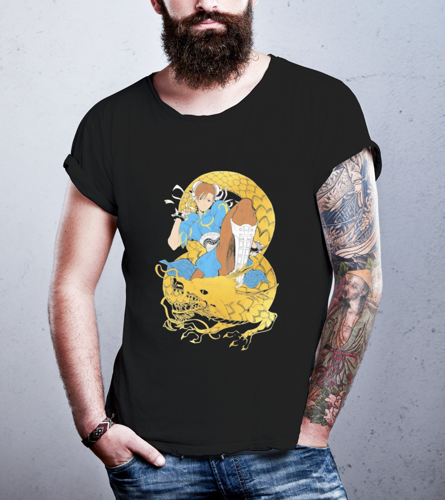Chun Li Gold Dragon Kick Fighter Blue Outfit Gold Dragon T-Shirt