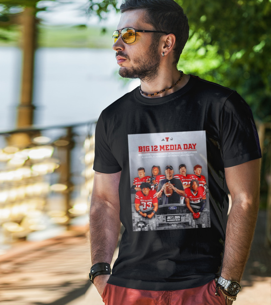 Big 12 Media Day Texas Tech Red Raiders July 7 2026 With Ben Roberts And Joey McGuire T-Shirt