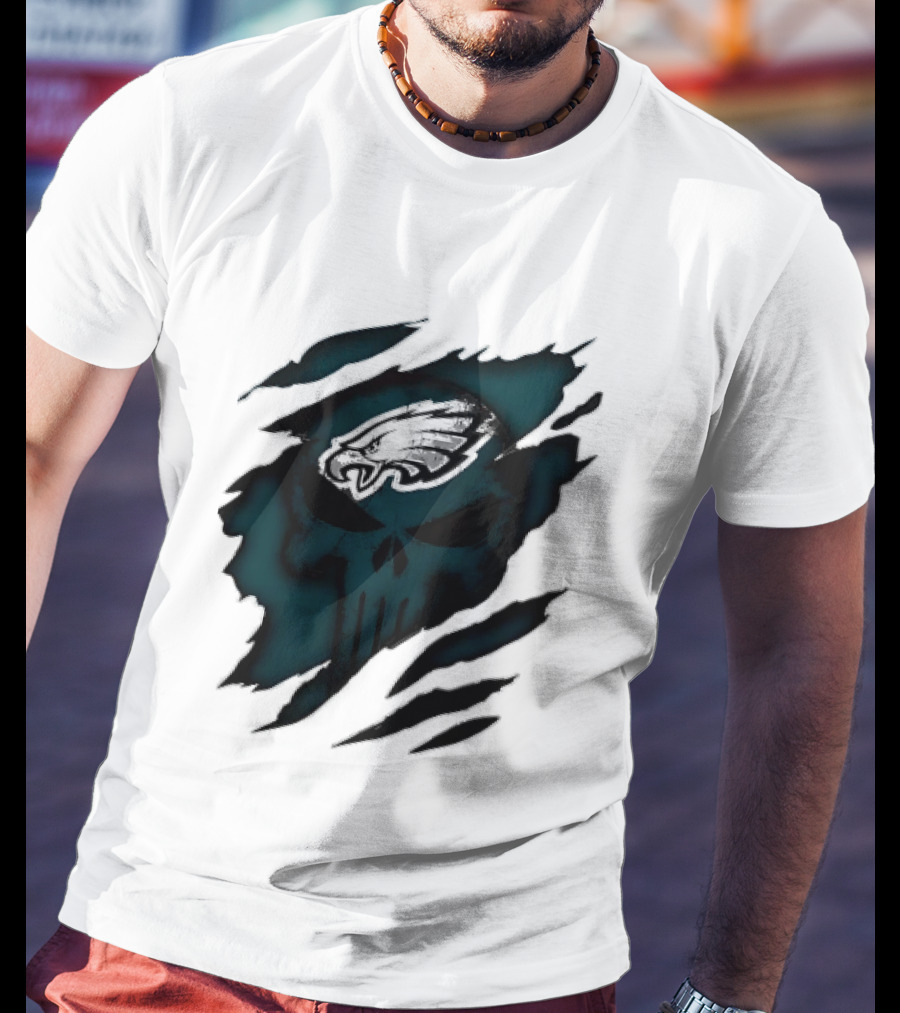 Philadelphia Eagles Punisher Skull Ripped Effect NFL Team Merchandise T-Shirt