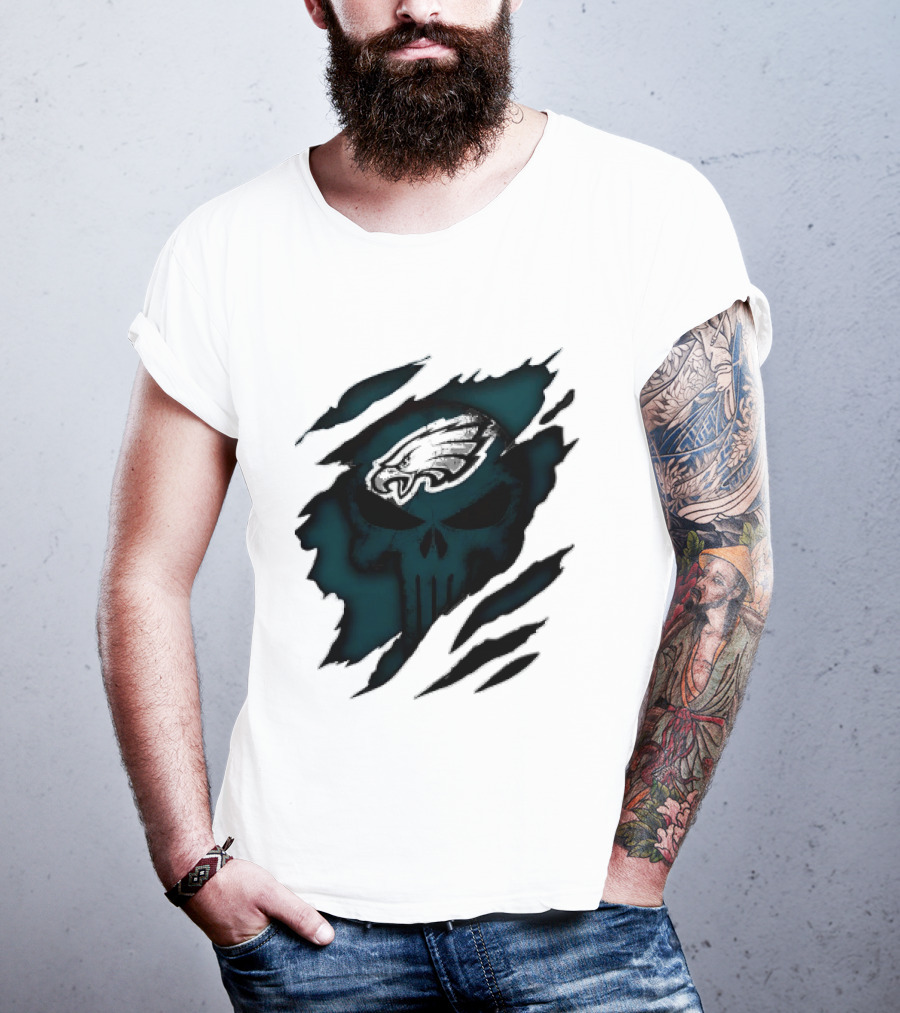 Philadelphia Eagles Punisher Skull Ripped Effect NFL Team Merchandise T-Shirt