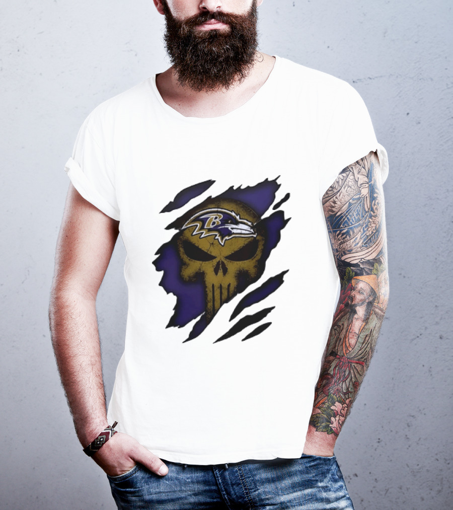 Baltimore Ravens Punisher Skull Torn Effect Fan Gear T-Shirt