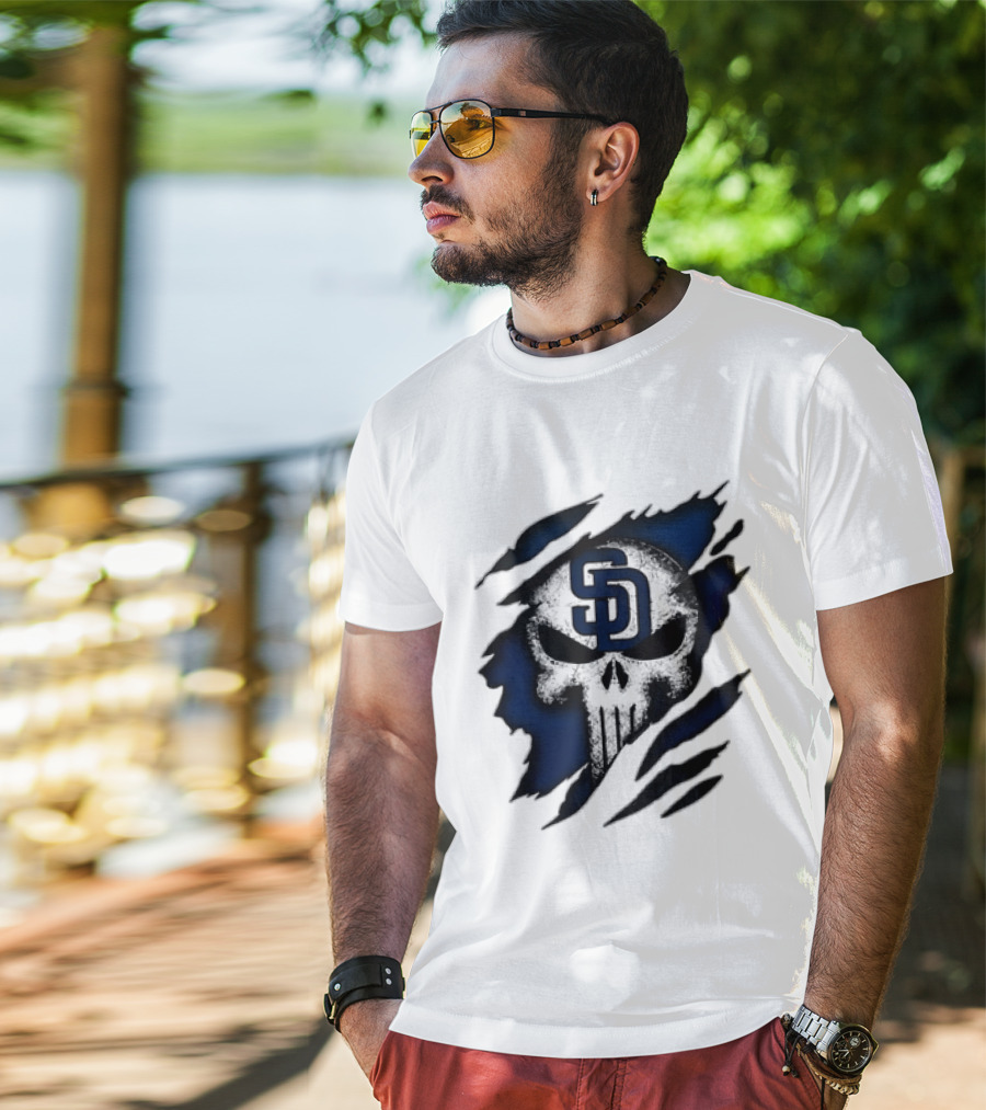 SD Punisher Skull Ripped Fabric San Diego Padres T-Shirt