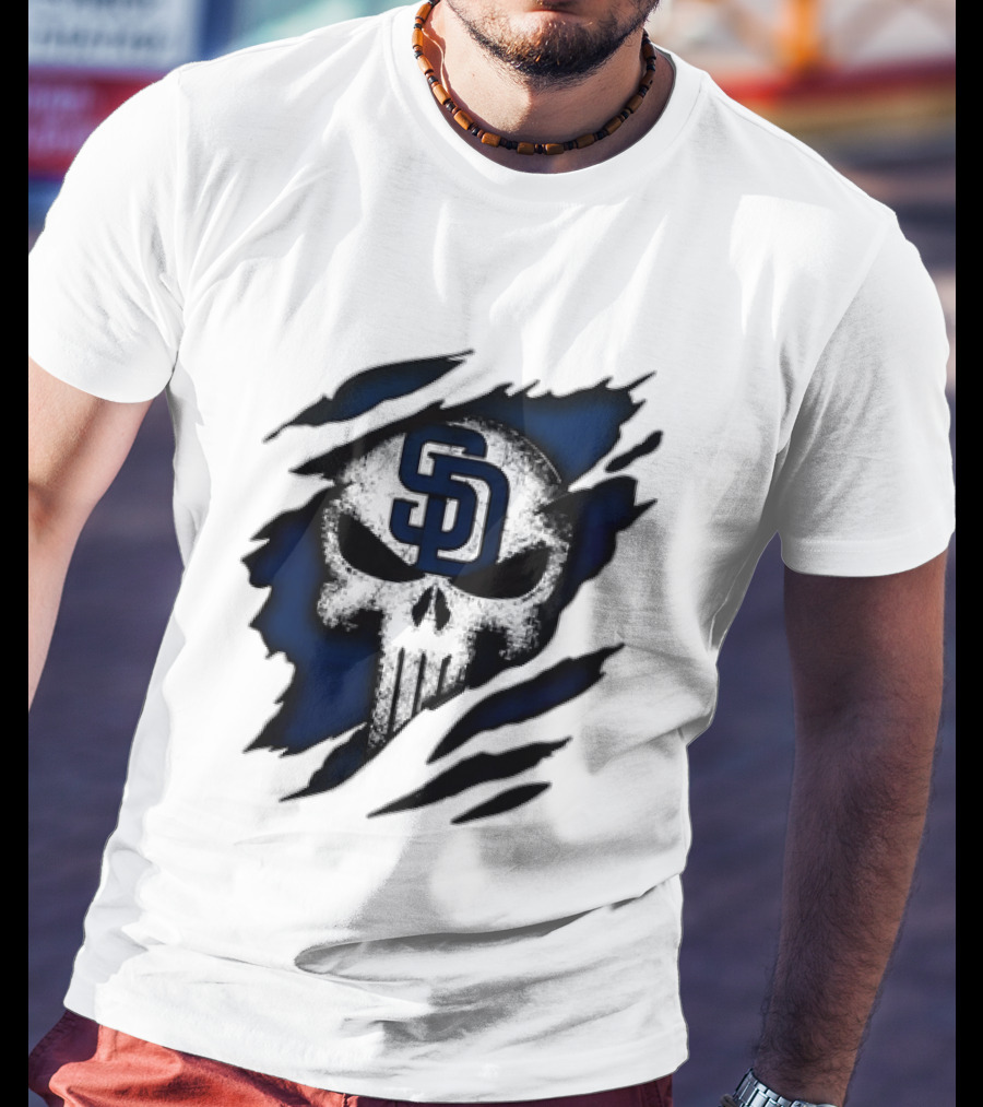 SD Punisher Skull Ripped Fabric San Diego Padres T-Shirt