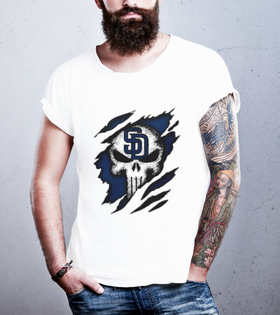 SD Punisher Skull Ripped Fabric San Diego Padres T-Shirt