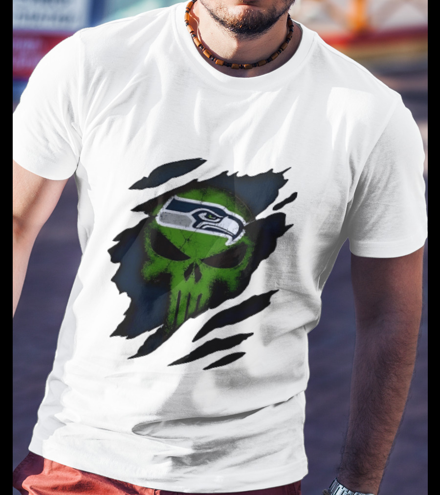 Seattle Seahawks Punisher Skull Ripped Fabric T-Shirt