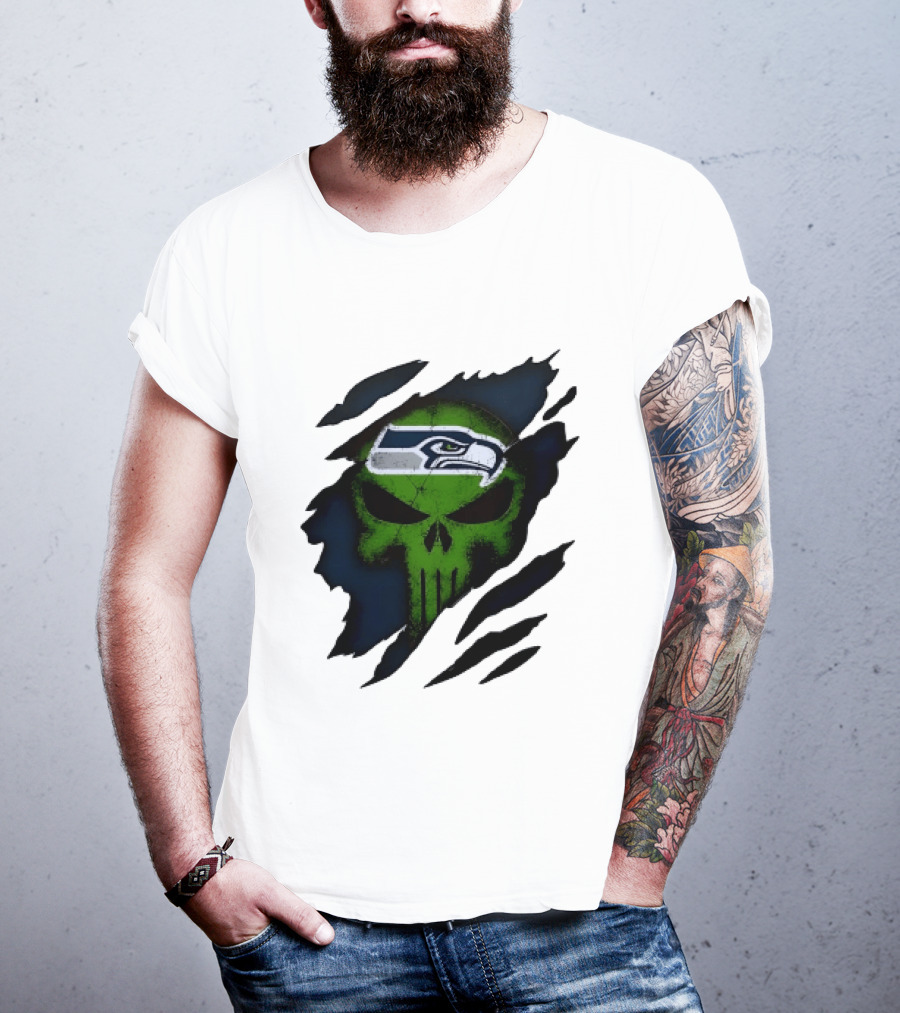 Seattle Seahawks Punisher Skull Ripped Fabric T-Shirt