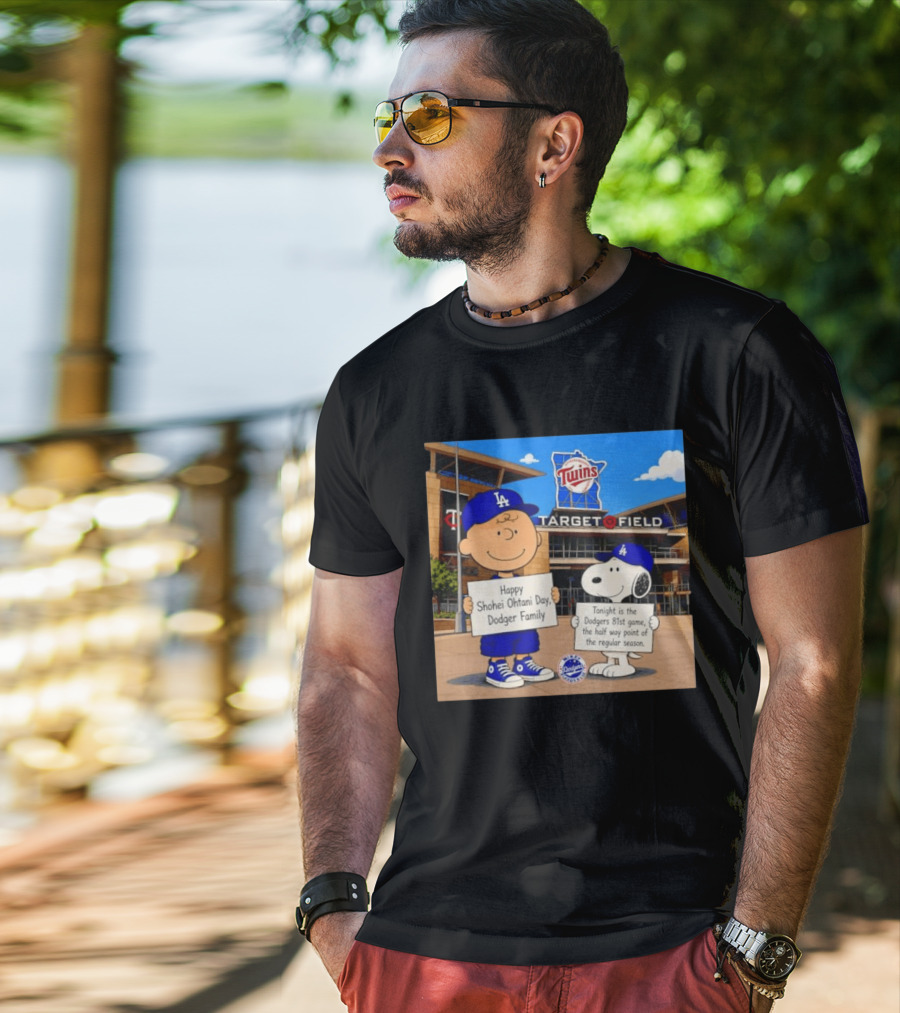 Snoopy And Charlie Brown Happy Shohei Ohtani Day Dodgers Twins Target Field T-Shirt