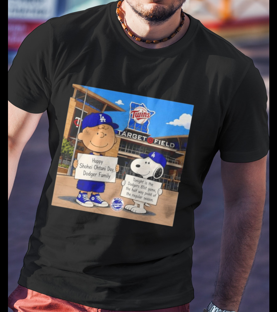 Snoopy And Charlie Brown Happy Shohei Ohtani Day Dodgers Twins Target Field T-Shirt