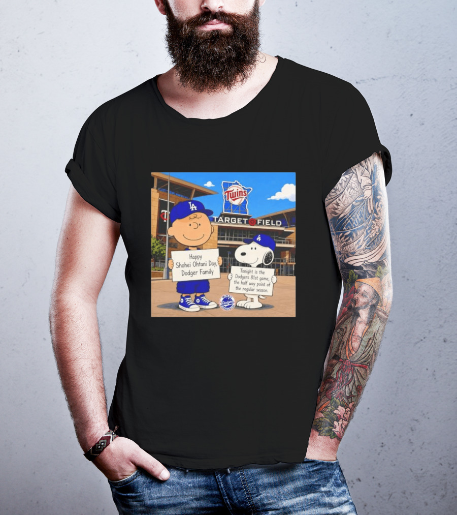 Snoopy And Charlie Brown Happy Shohei Ohtani Day Dodgers Twins Target Field T-Shirt