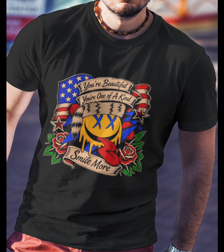 Smile More You're Beautiful You're One Of A Kind American Flag Roses Smiley Face T-Shirt
