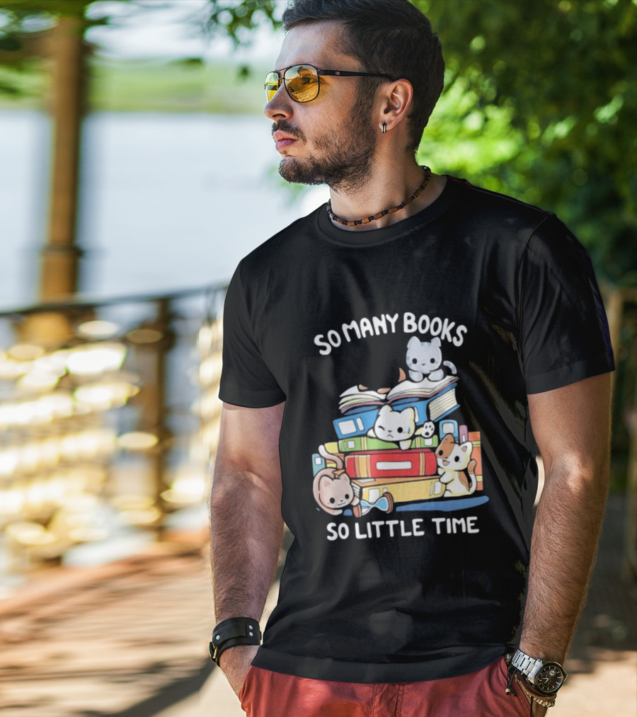 Whimsical Cartoon So Many Books So Little Time Cats Reading T-Shirt