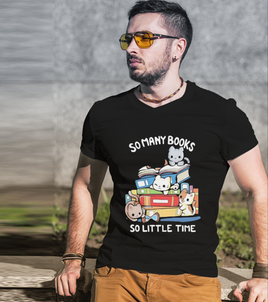 Whimsical Cartoon So Many Books So Little Time Cats Reading T-Shirt