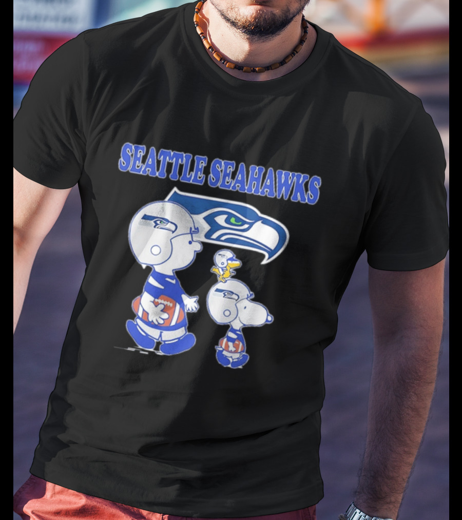 Peanuts Charlie Brown Snoopy Woodstock Playing Football Seattle Seahawks T-Shirt