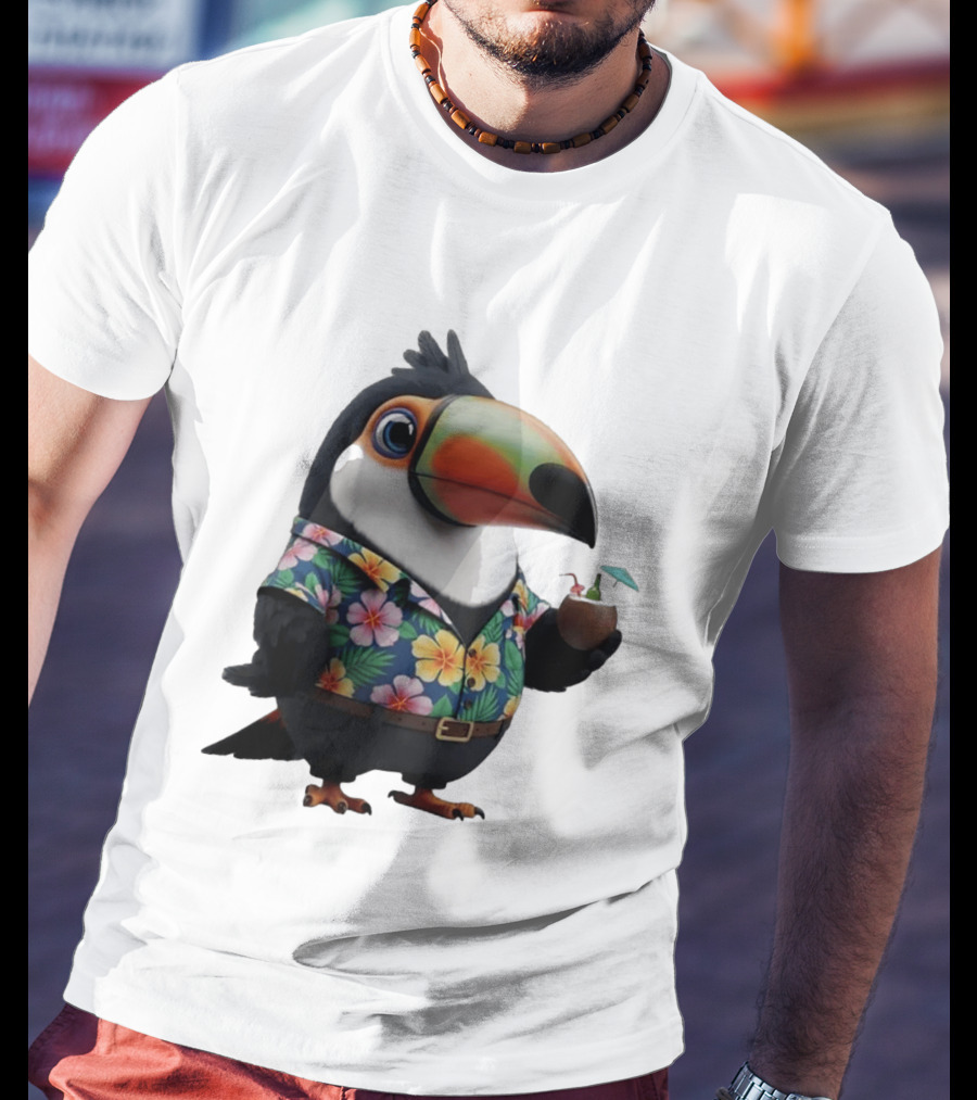 Cartoon Toucan In Hawaiian With Tropical Coconut Drink T-Shirt