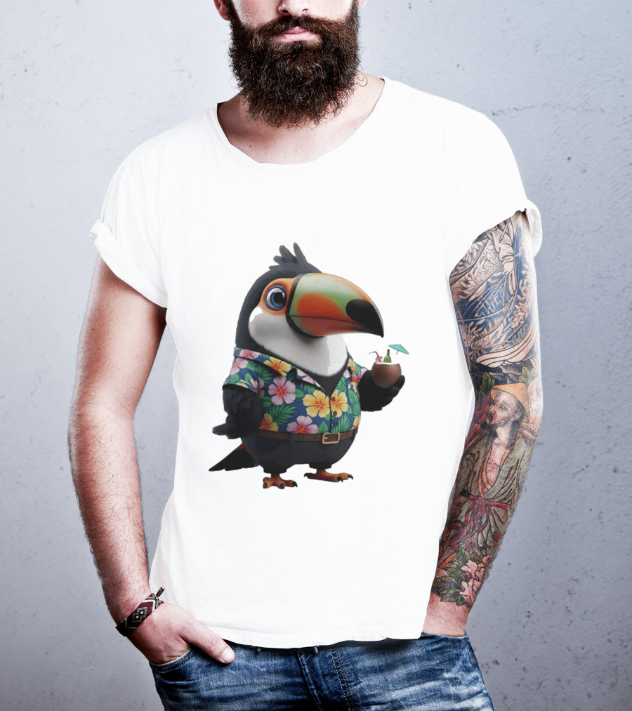 Cartoon Toucan In Hawaiian With Tropical Coconut Drink T-Shirt