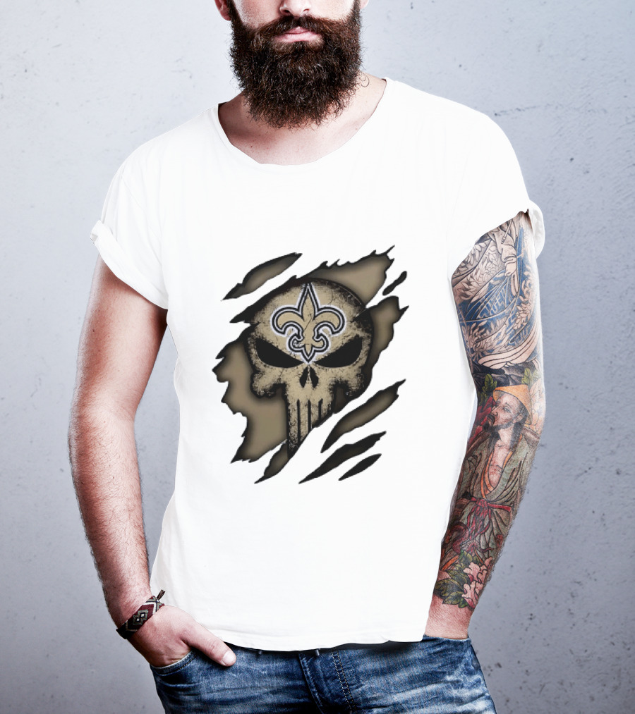 New Orleans Saints Punisher Skull Ripped Effect Fleur De Lis T-Shirt