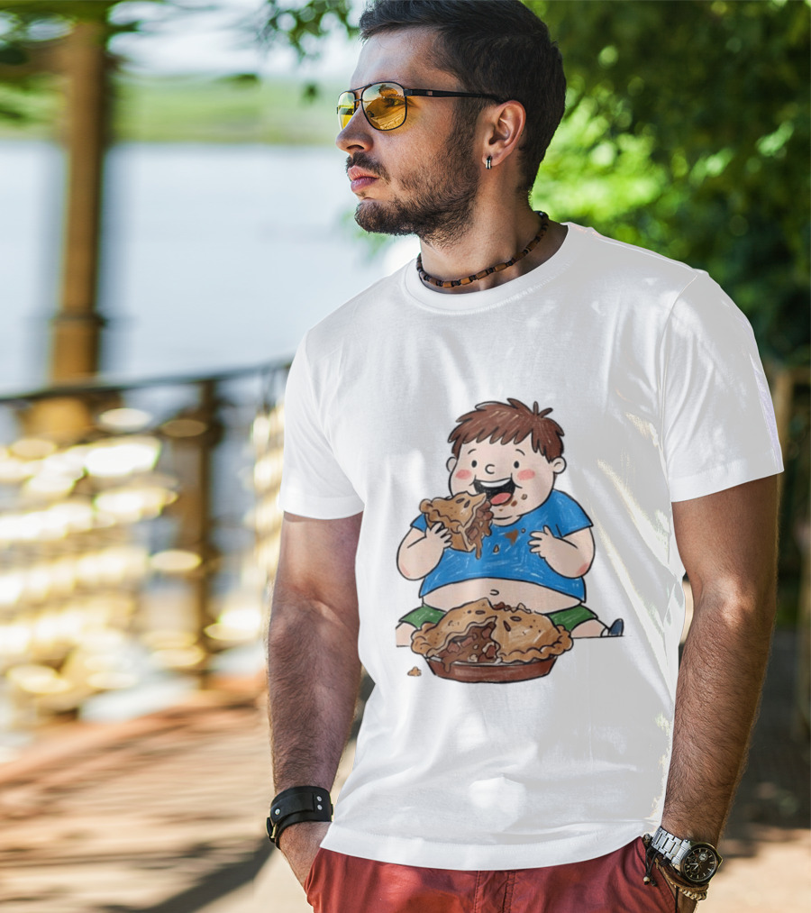 Funny Eating Pies Cartoon Boy Indulging In Delicious Pastry T-Shirt