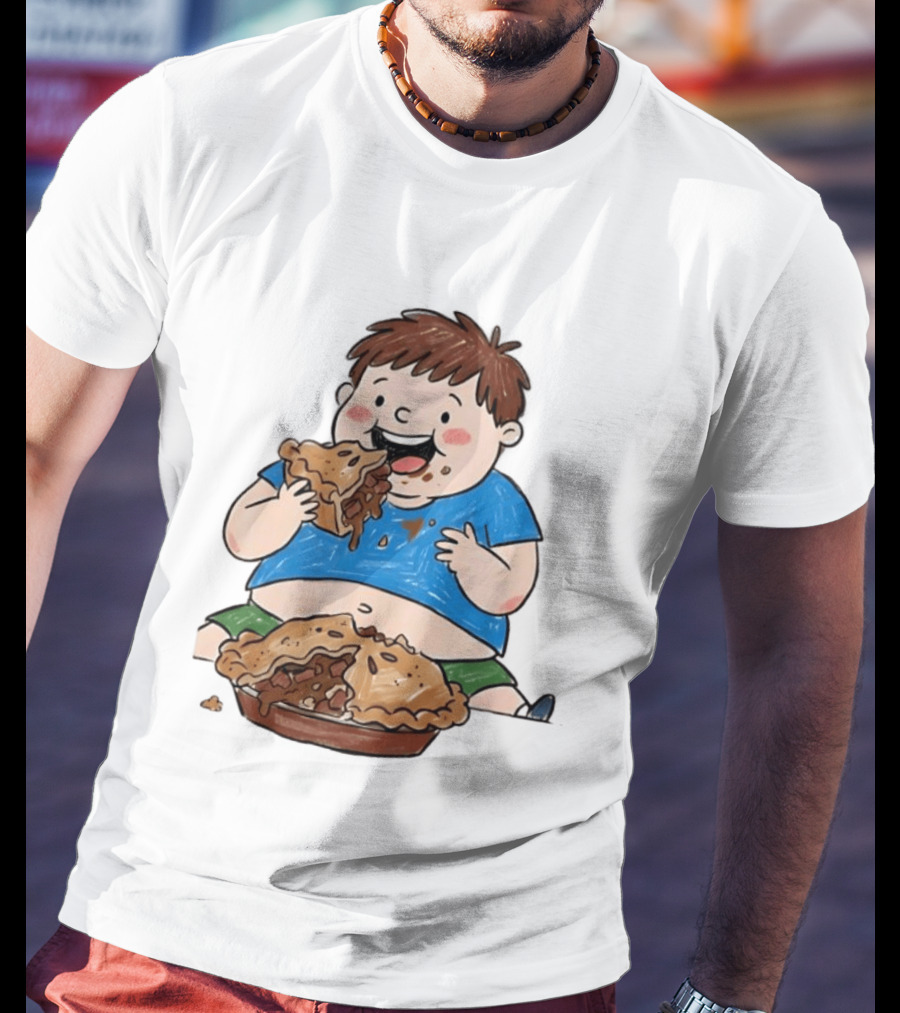 Funny Eating Pies Cartoon Boy Indulging In Delicious Pastry T-Shirt