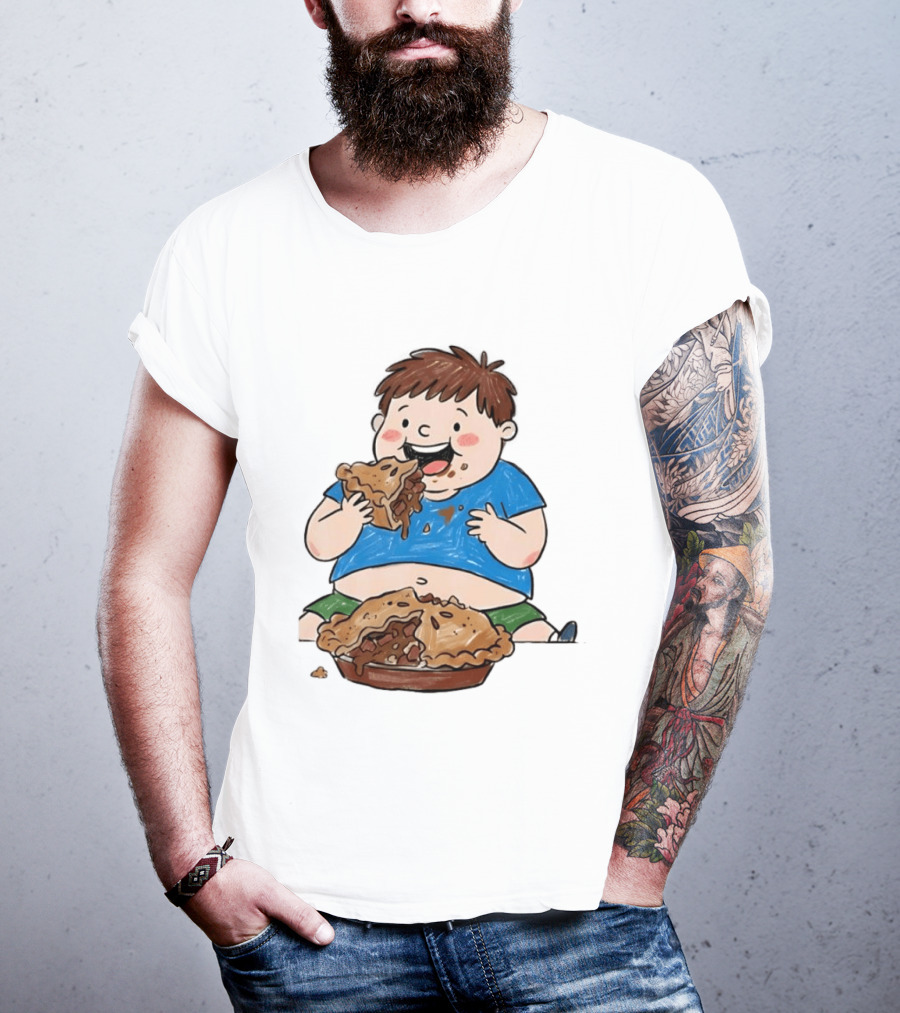 Funny Eating Pies Cartoon Boy Indulging In Delicious Pastry T-Shirt