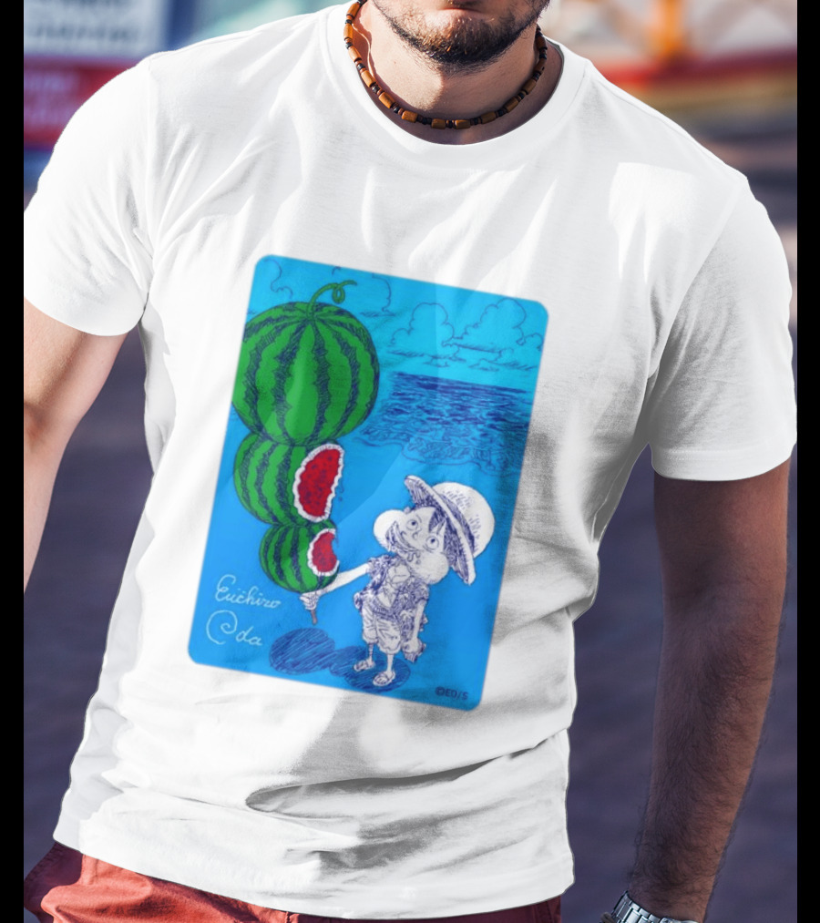 Monkey D Luffy Watermelon Eating Art By Eiichiro Oda One Piece Ocean Scene T-Shirt