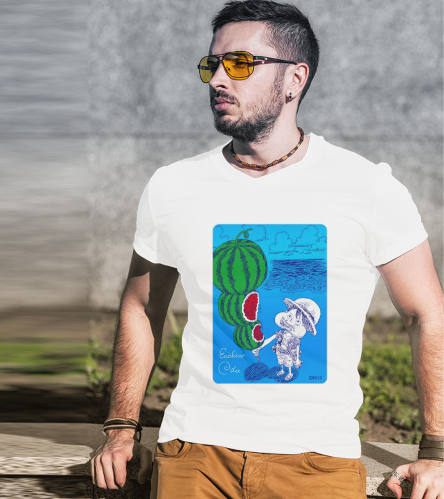 Monkey D Luffy Watermelon Eating Art By Eiichiro Oda One Piece Ocean Scene T-Shirt