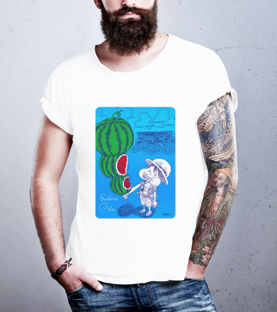 Monkey D Luffy Watermelon Eating Art By Eiichiro Oda One Piece Ocean Scene T-Shirt
