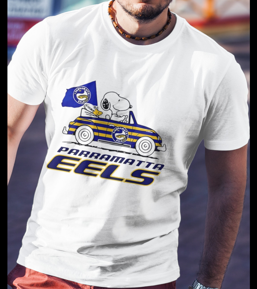 Snoopy Driving Car With Parramatta Eels Flag National Rugby League T-Shirt