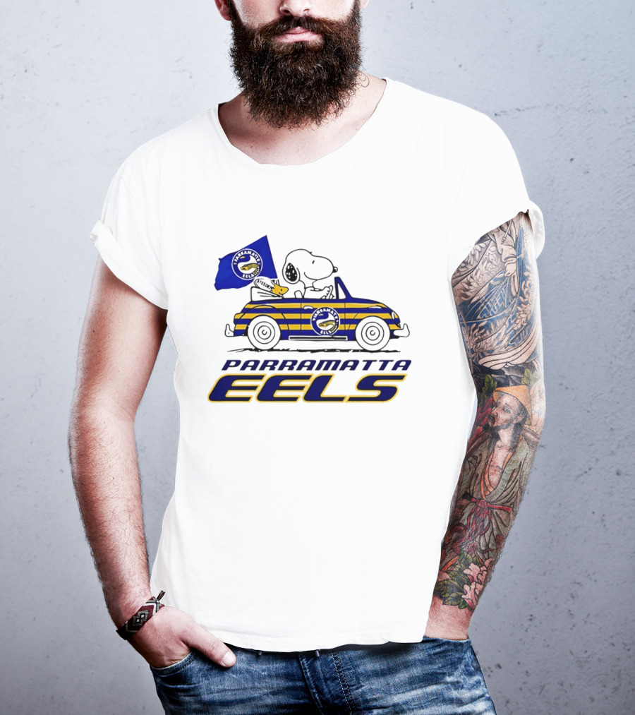 Snoopy Driving Car With Parramatta Eels Flag National Rugby League T-Shirt