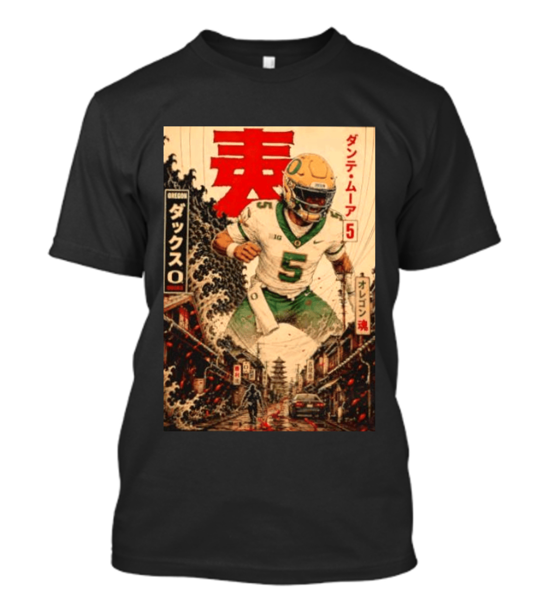 Dante Moore Number 5 Oregon Ducks Football Japanese Art Style Rugged City Scene T-Shirt