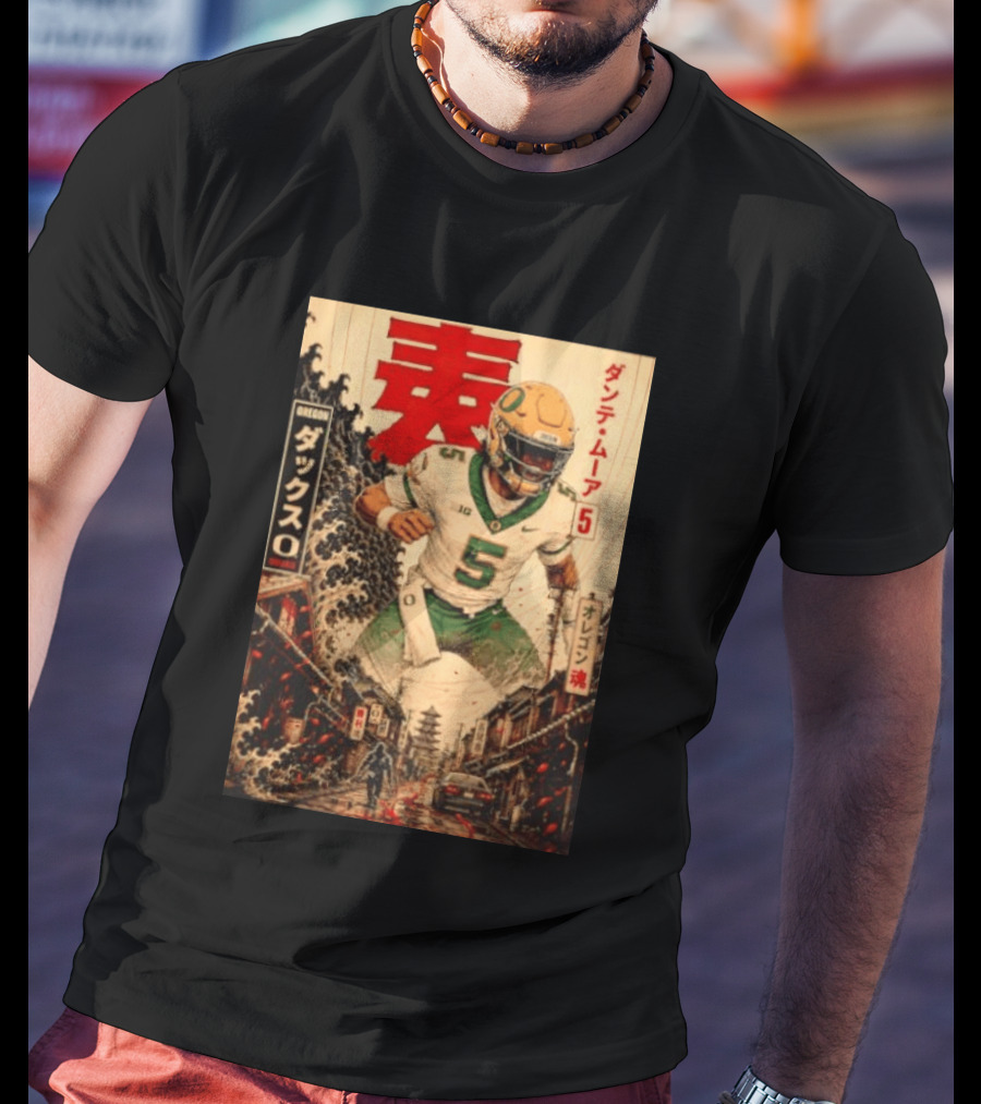 Dante Moore Number 5 Oregon Ducks Football Japanese Art Style Rugged City Scene T-Shirt