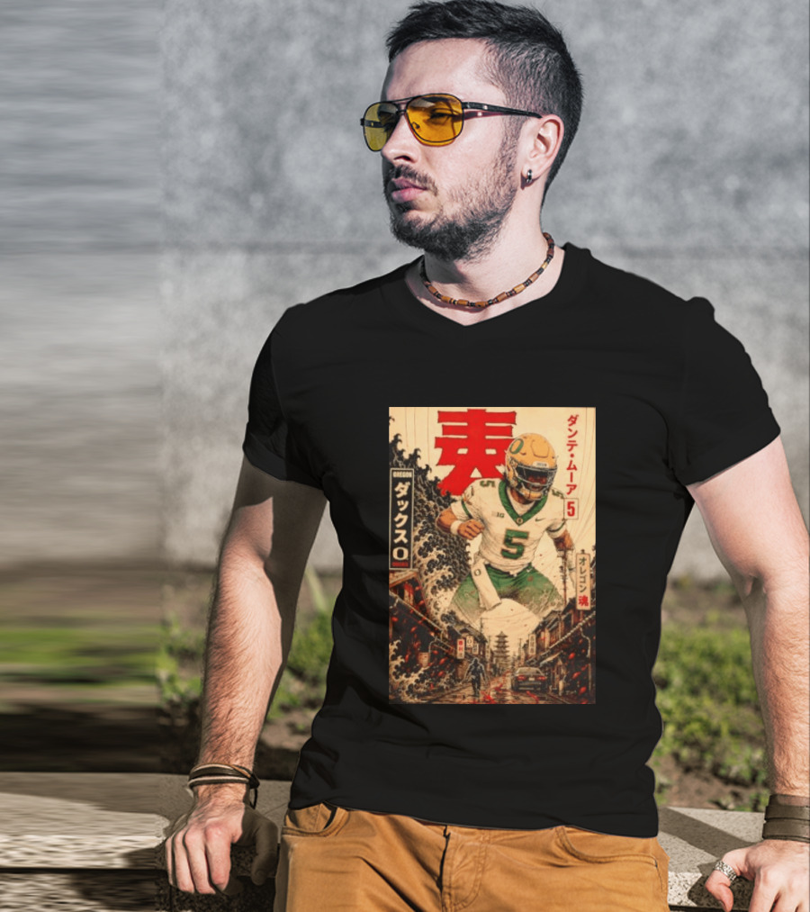 Dante Moore Number 5 Oregon Ducks Football Japanese Art Style Rugged City Scene T-Shirt