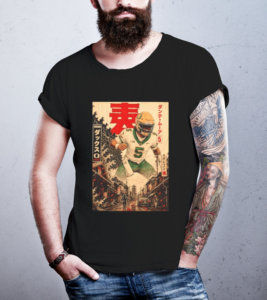 Dante Moore Number 5 Oregon Ducks Football Japanese Art Style Rugged City Scene T-Shirt