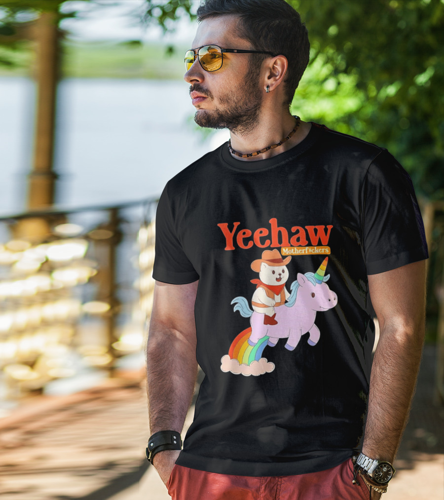 Yeehaw Motherfuckers Cat Cowboy On Rainbow Unicorn T-Shirt