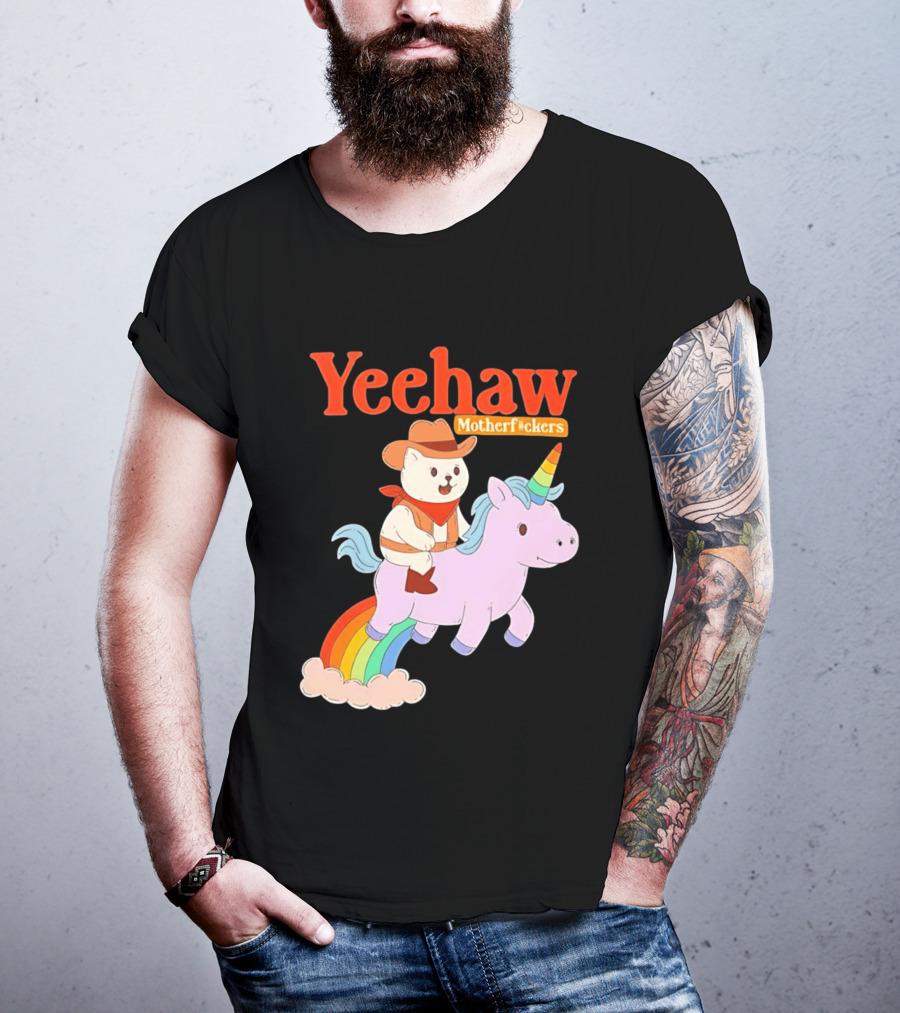 Yeehaw Motherfuckers Cat Cowboy On Rainbow Unicorn T-Shirt