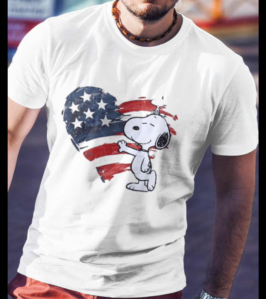 Snoopy Woodstock American Flag Heart Hug T-Shirt