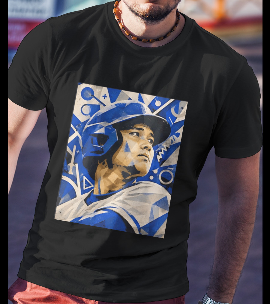 Baseball Player In Geometric Blue Abstract T-Shirt