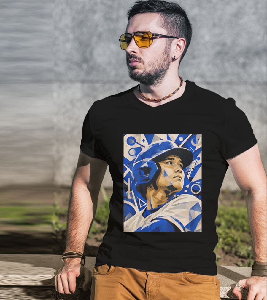 Baseball Player In Geometric Blue Abstract T-Shirt