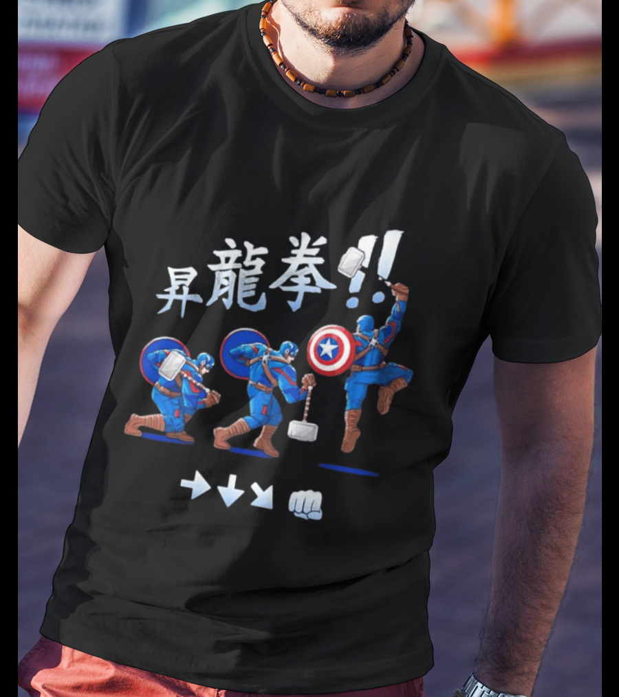 Captain America Marvel Shoryuken Combo Move Hammer And Shield Action T-Shirt