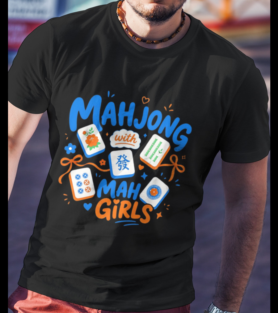 Mahjong With Mah Girls Flower And Bamboo Tiles Game Night T-Shirt