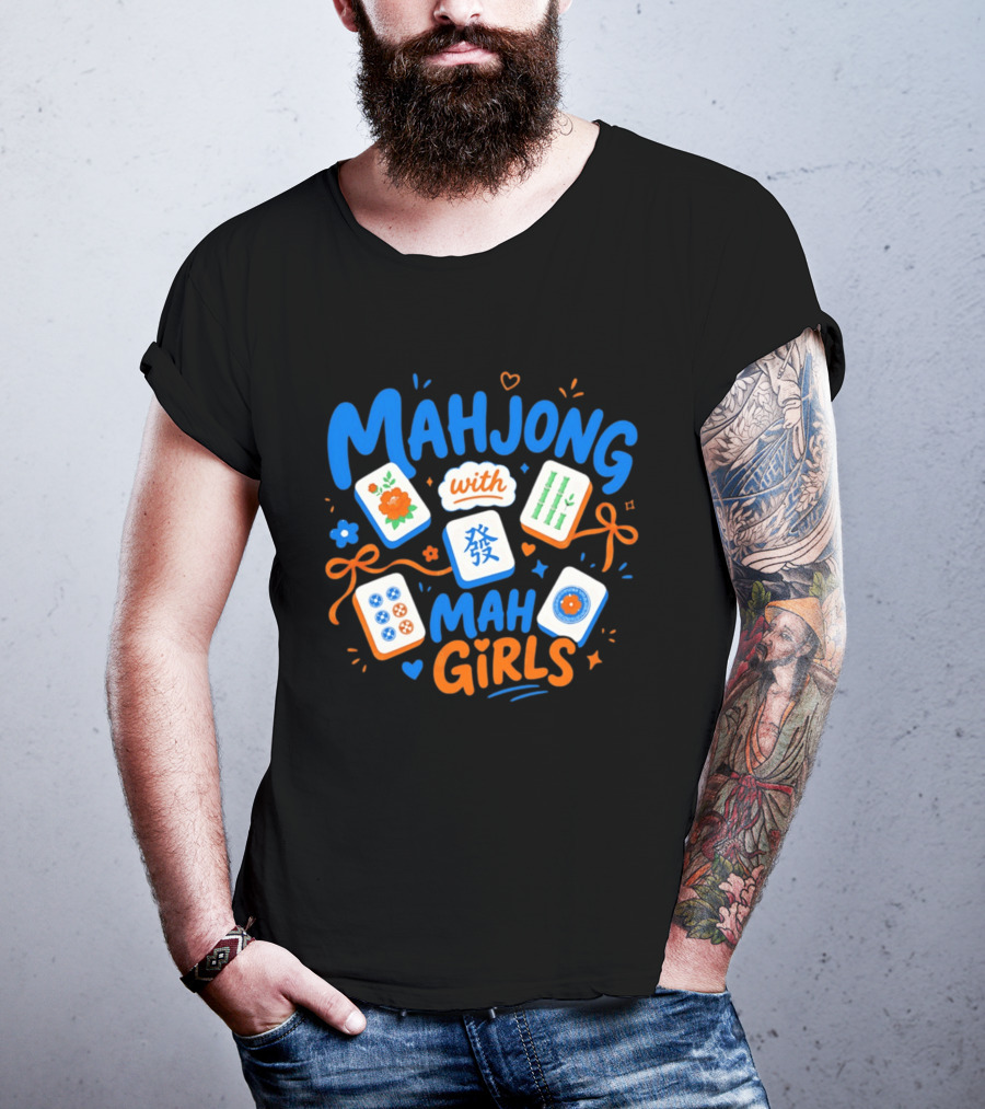 Mahjong With Mah Girls Flower And Bamboo Tiles Game Night T-Shirt