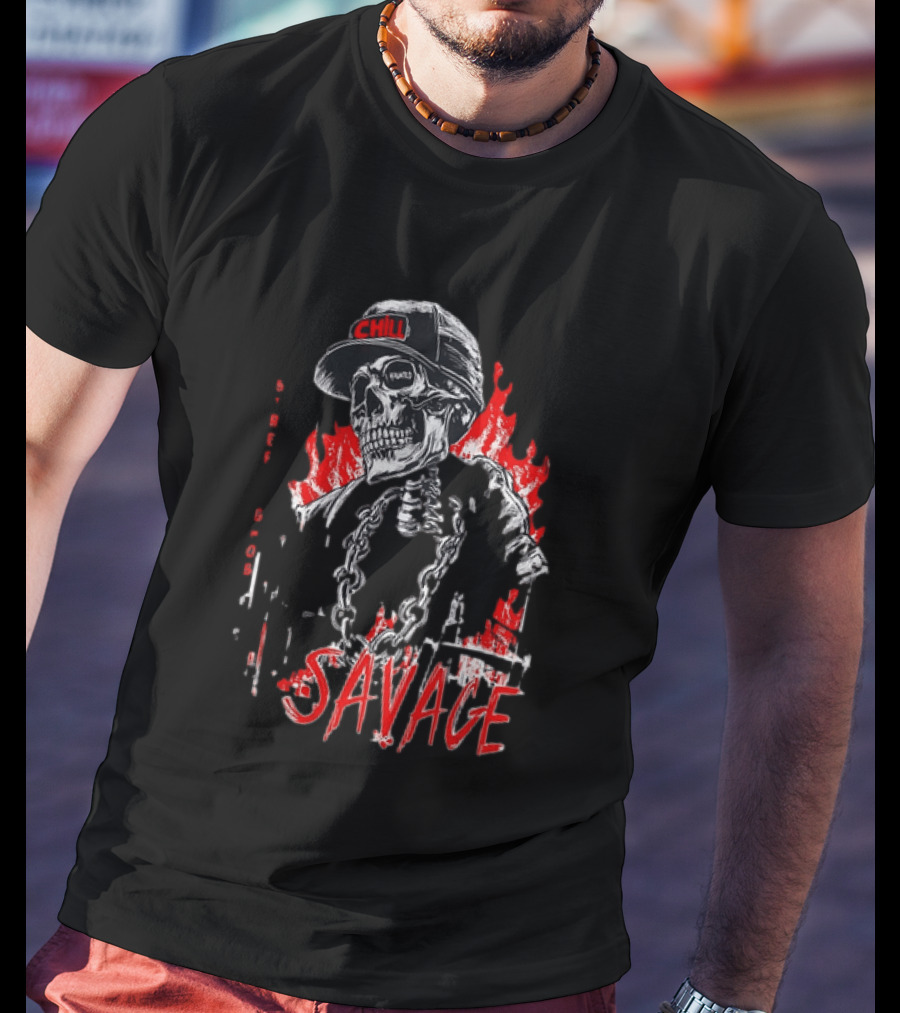 Street Ghost Chill Savage Skeleton Flames Red Black Chain T-Shirt