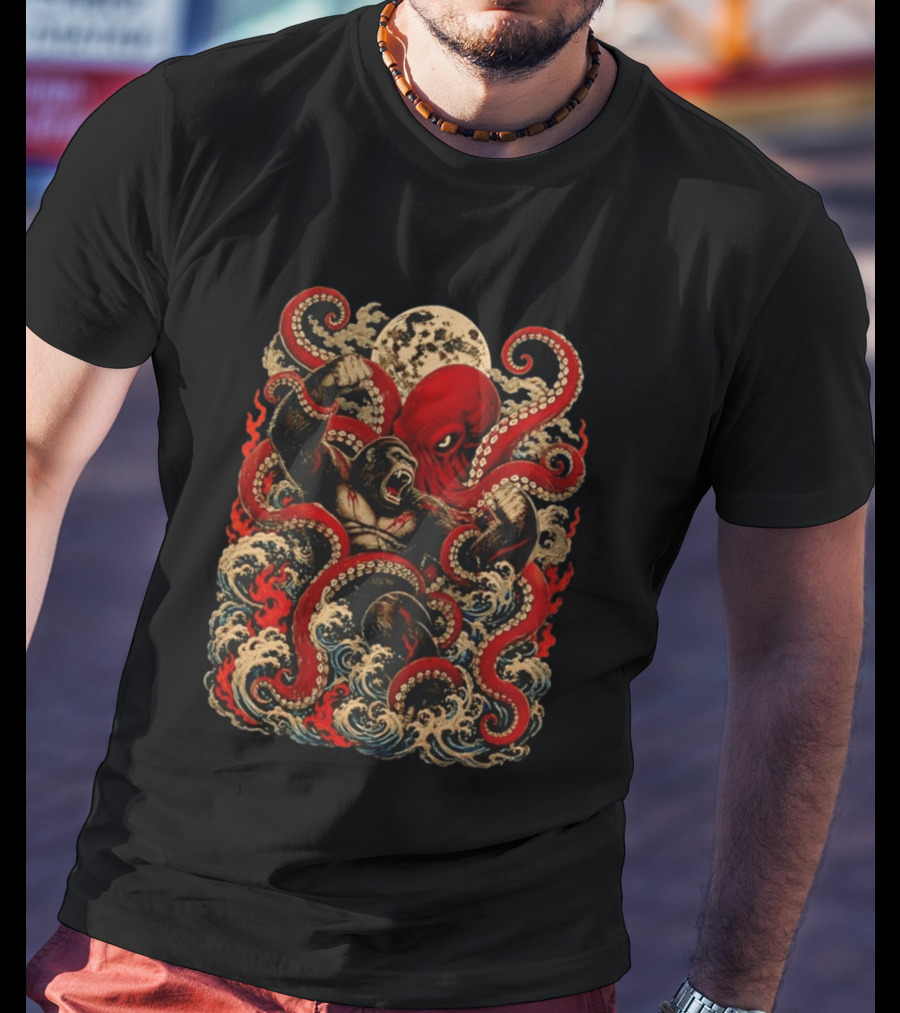Tokyo Kaiju Octopus Vs Gorilla Battle Waves And Moon Scene T-Shirt