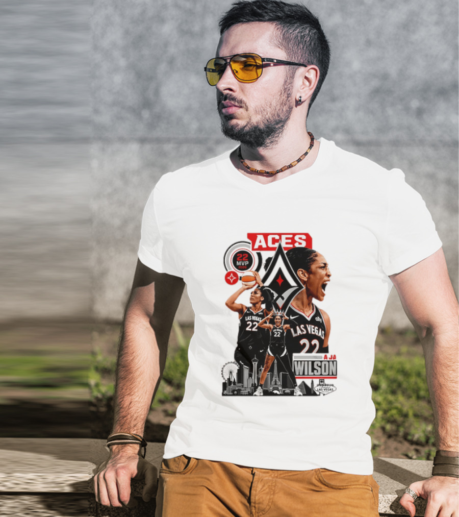 Las Vegas Aces A'ja Wilson 22 MVP Skyline Basketball T-Shirt