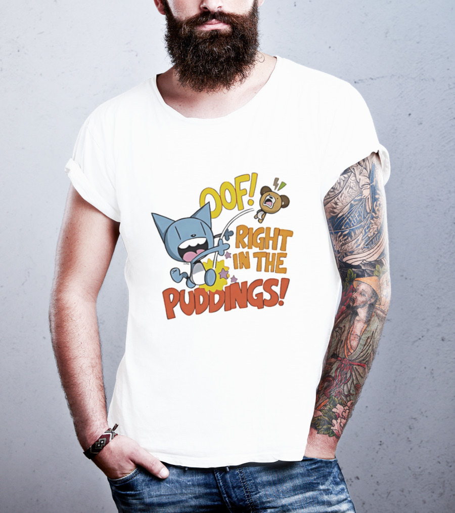 Looshkin Oof Right In The Puddings Funny Cat And Bear Cartoon Humor T-Shirt
