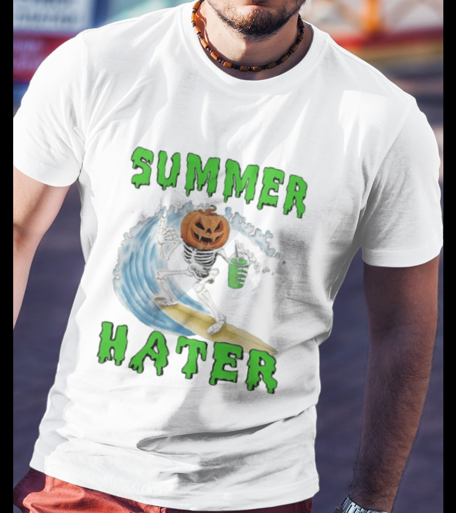 Skeleton With Pumpkin Head Surfing Wave Summer Hater T-Shirt