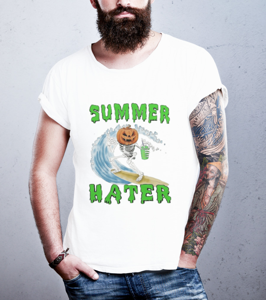 Skeleton With Pumpkin Head Surfing Wave Summer Hater T-Shirt