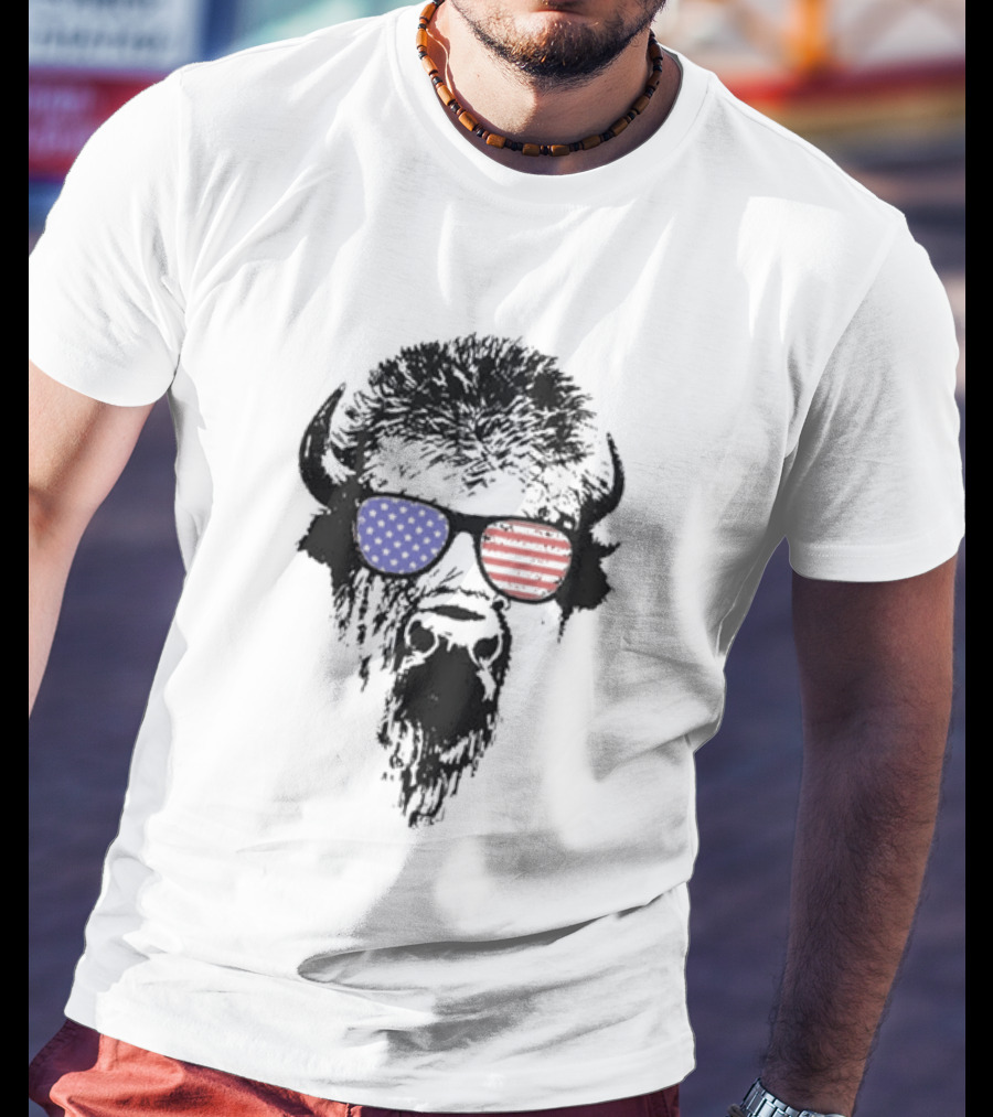 Patriotic Buffalo With USA Flag Red White Blue Sunglasses T-Shirt