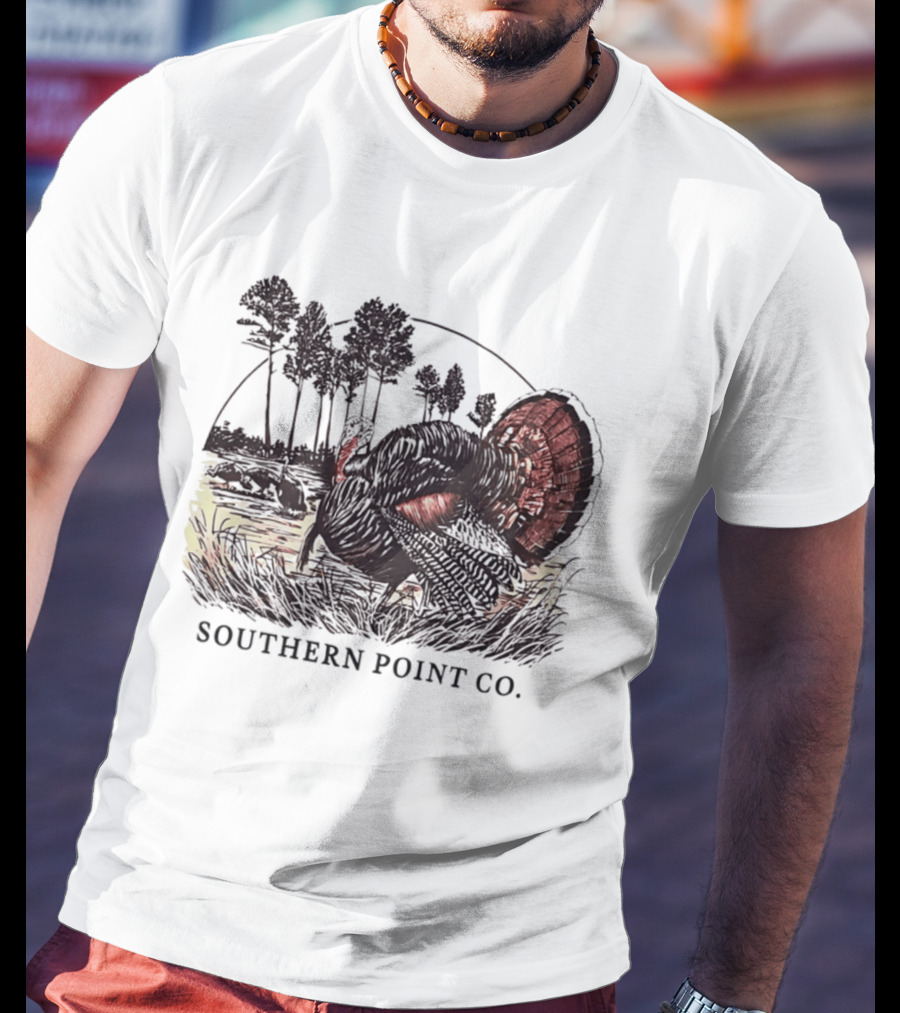 Southern Point Co. Turkey Strutting In The Field With Pine Trees And Horizon Scene T-Shirt