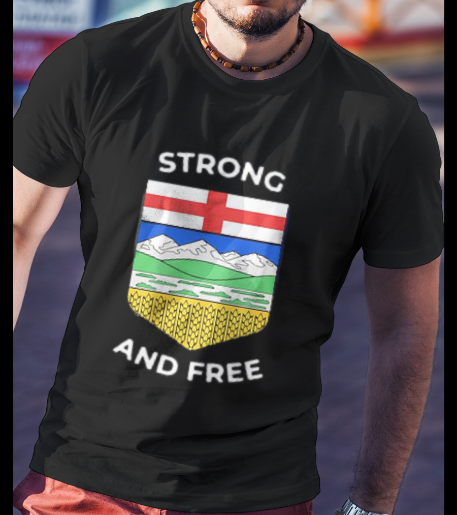 Alberta Canada Map Flag Strong And Free Crest And Wheat Sheaves T-Shirt